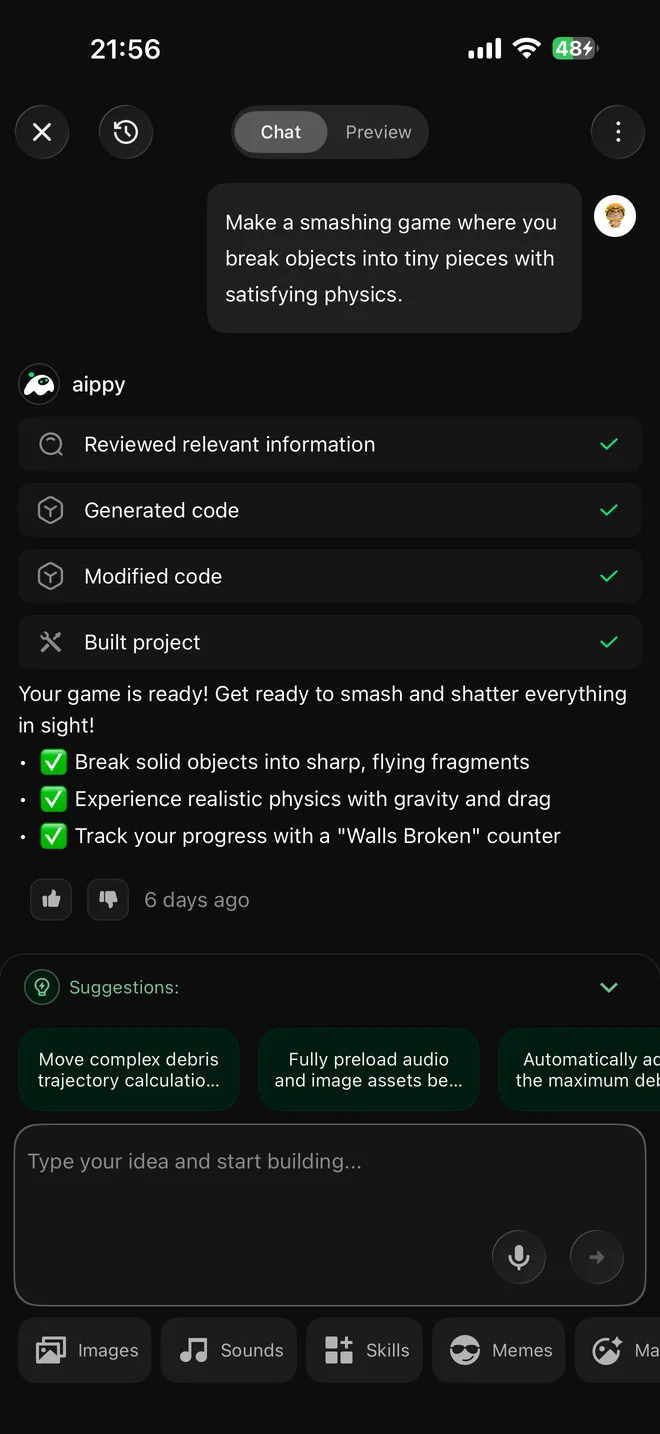 Aippy creation agent building a playable project