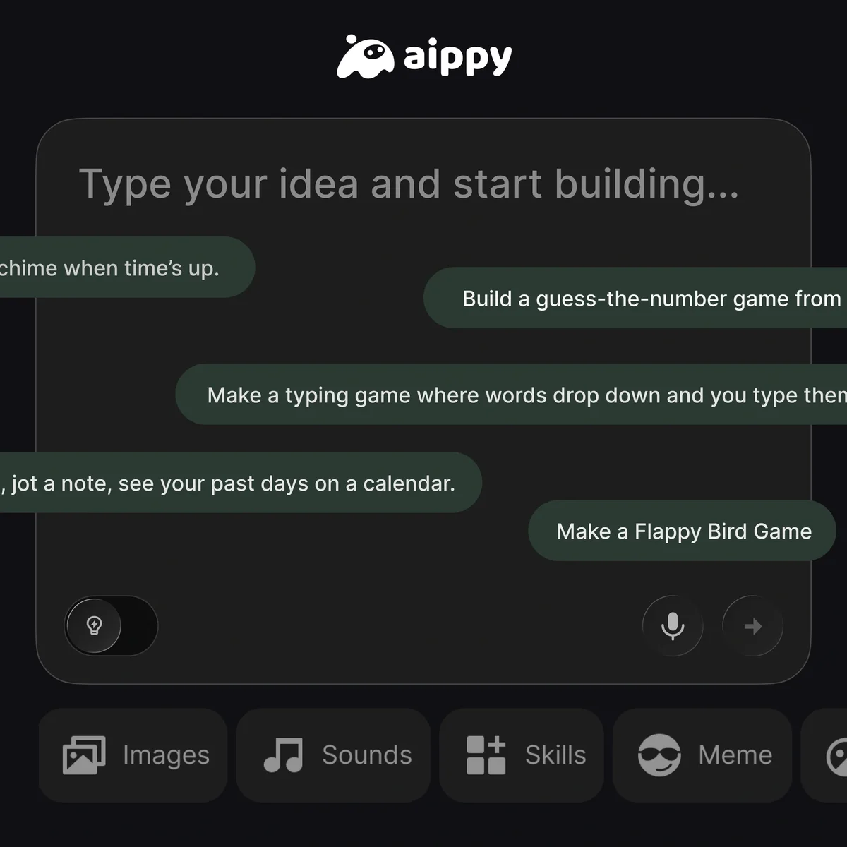 Aippy prompt input with example creation ideas