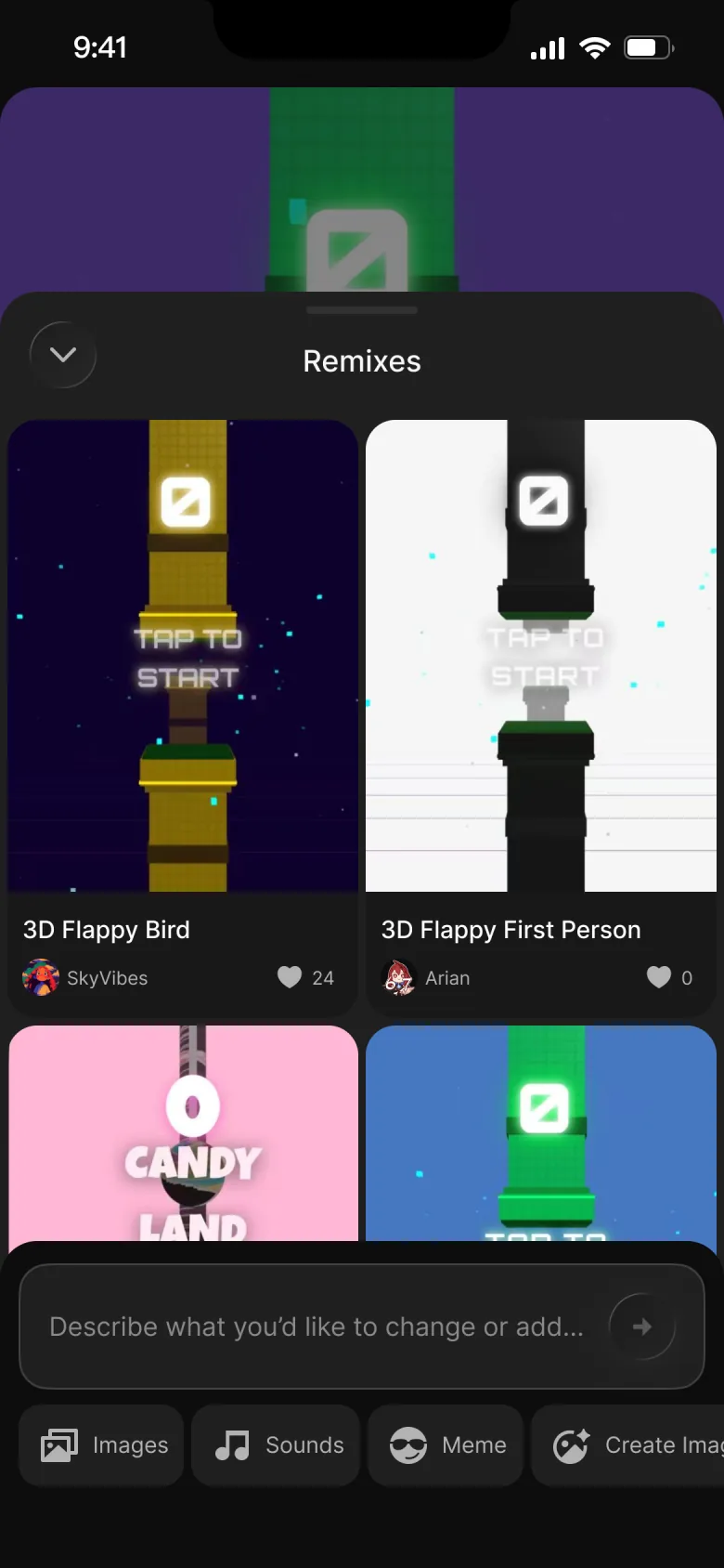 Aippy Remix screen showing several continuations of one playable world