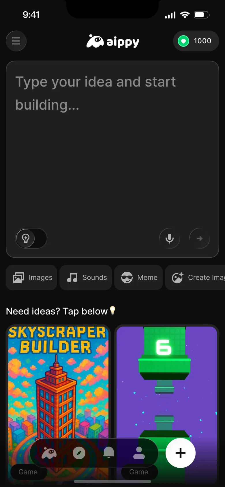 Aippy natural-language creation screen with a prompt ready to build