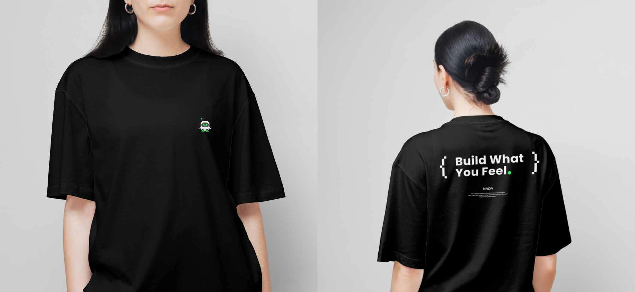 A model wearing the selected black Aippy T-shirt, shown from the front and back