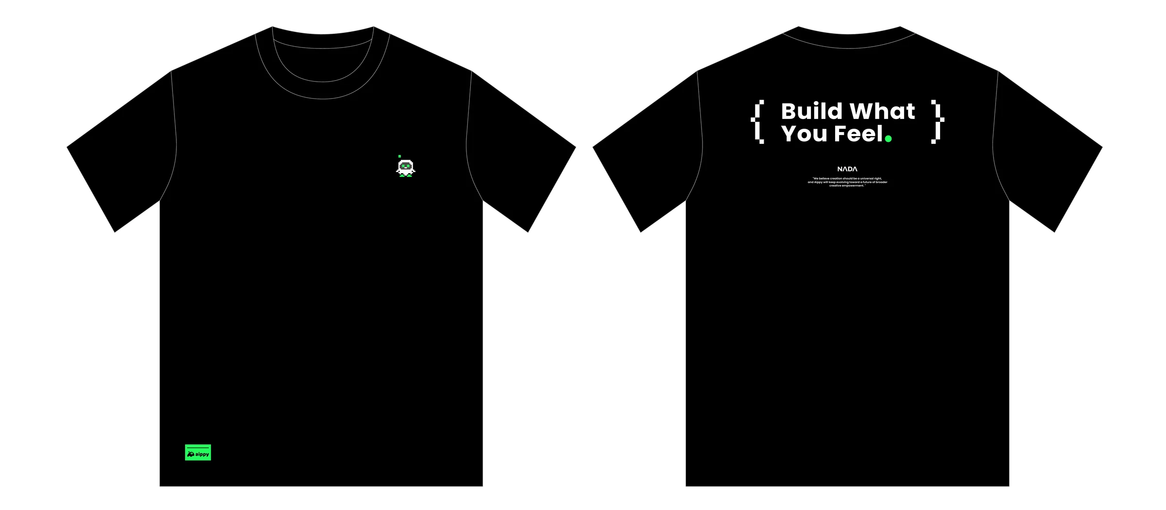 Direction 1 flat drawing with pixel Boopy on the front and Build What You Feel on the back