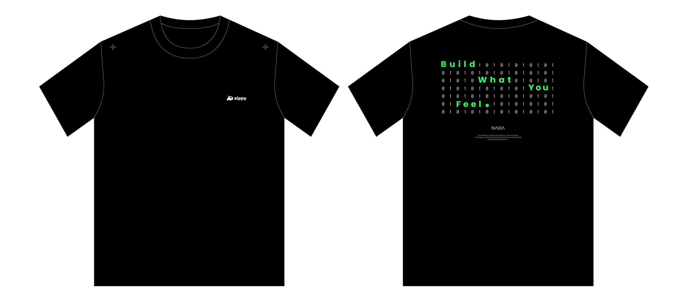 Direction 3 flat drawing with a minimal front and a binary texture revealing Build What You Feel on the back