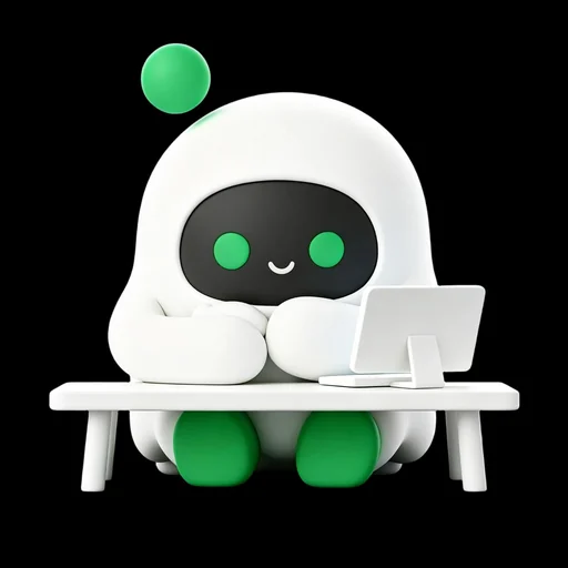 Boopy sitting at a desk with a small computer