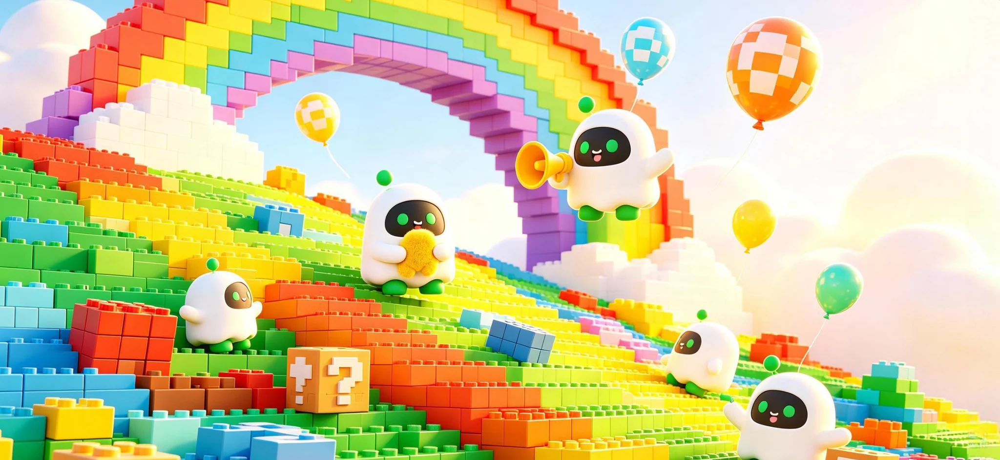 Boopy characters playing in a colorful brick-built world with a rainbow arch and balloons