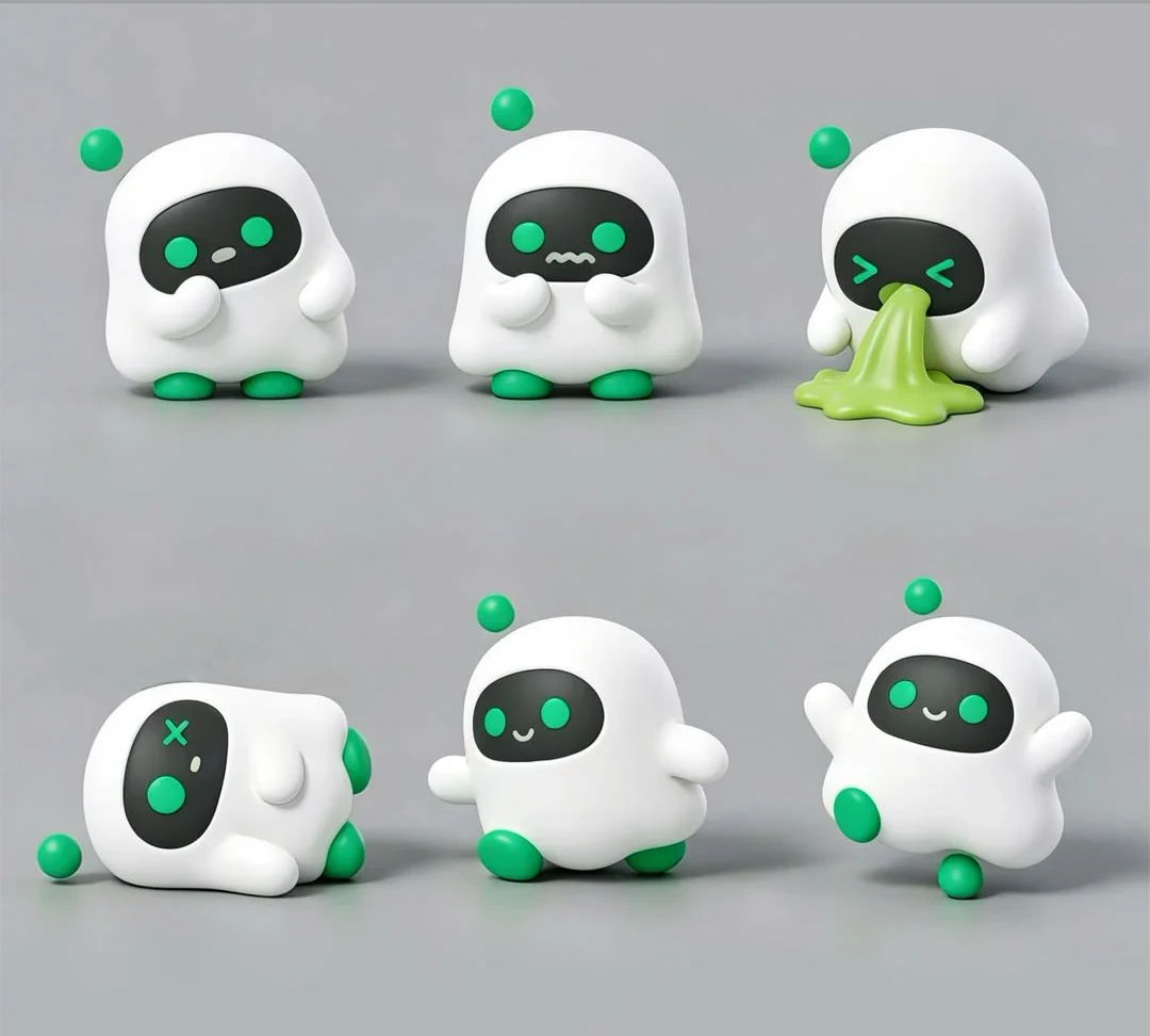 The same six Boopy states translated into softly rendered 3D forms