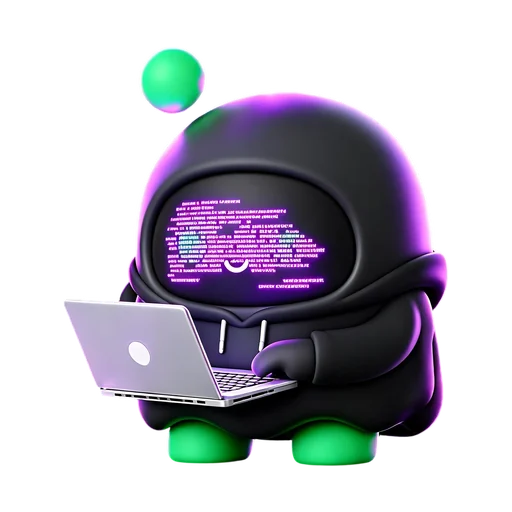 Boopy in a dark hoodie using a laptop