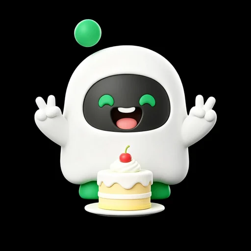 Boopy celebrating with peace signs and a small cake