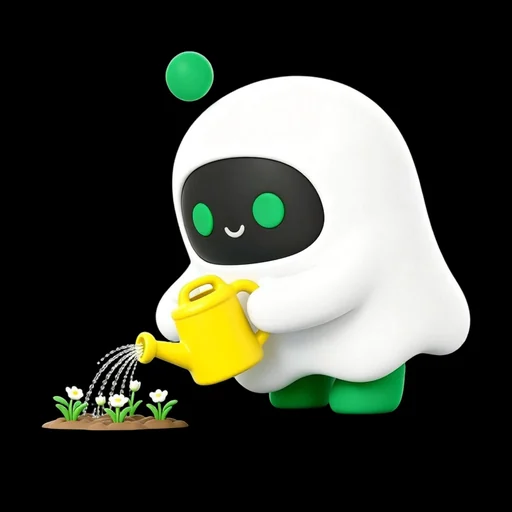 Boopy watering small sprouts with a yellow watering can