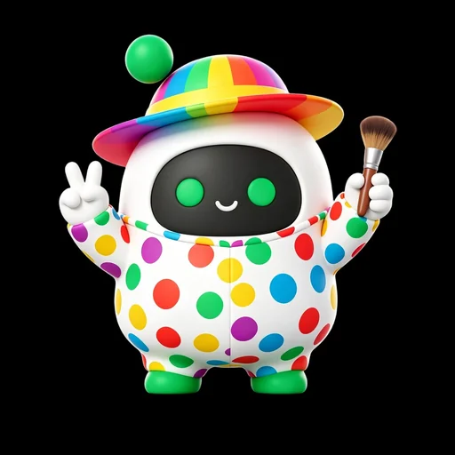 Boopy in a colorful polka-dot outfit holding a paintbrush