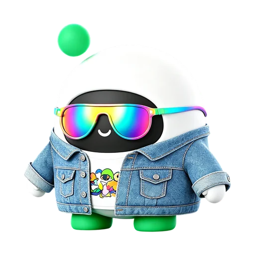 Boopy wearing a denim jacket and reflective glasses