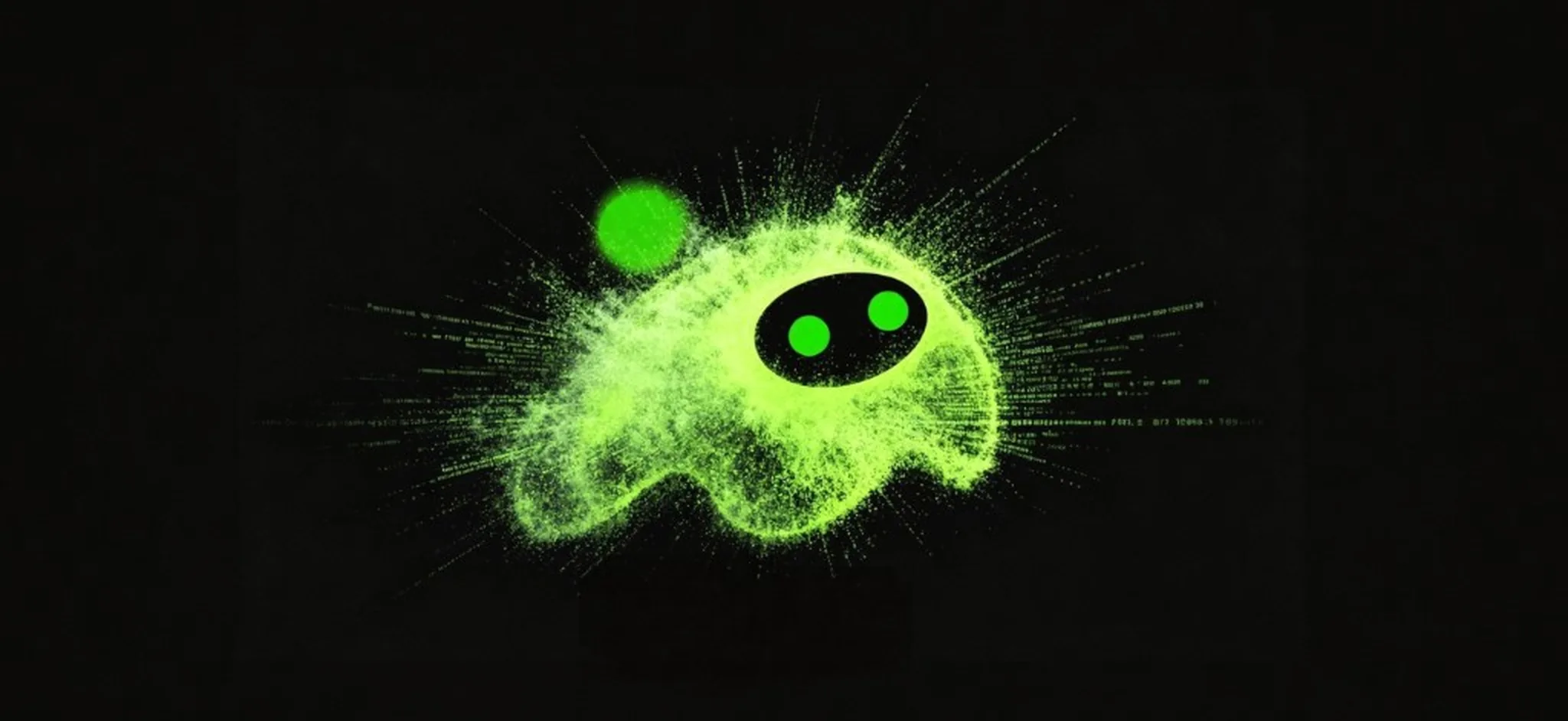 Glowing green Aippy character formed from digital particles
