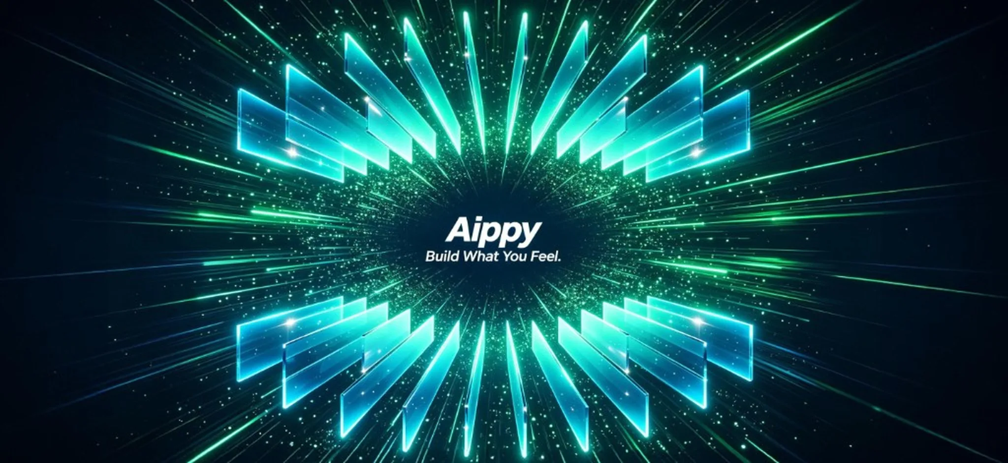 Aippy logo with Build What You Feel tagline amid cyan light bursts