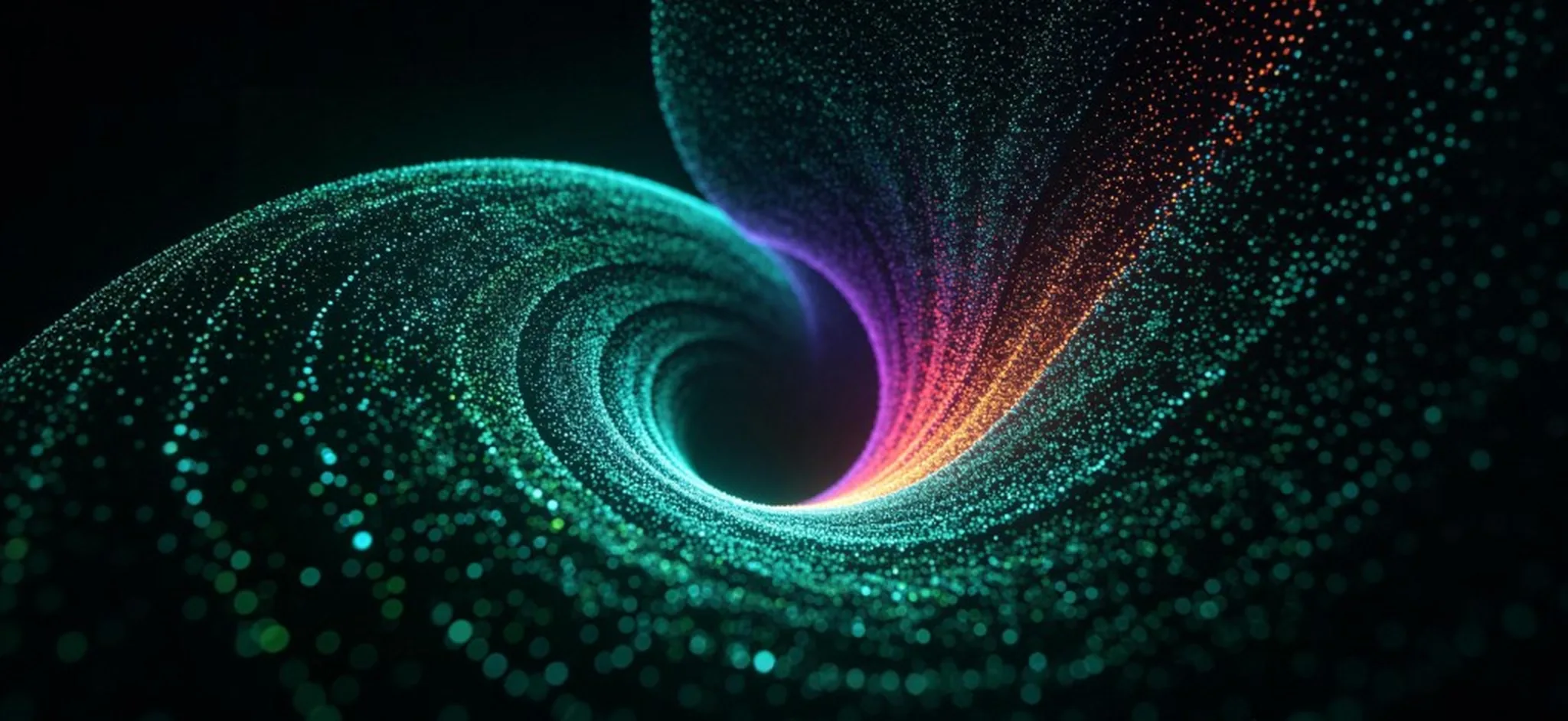 Cyan and magenta particle vortex on a dark field